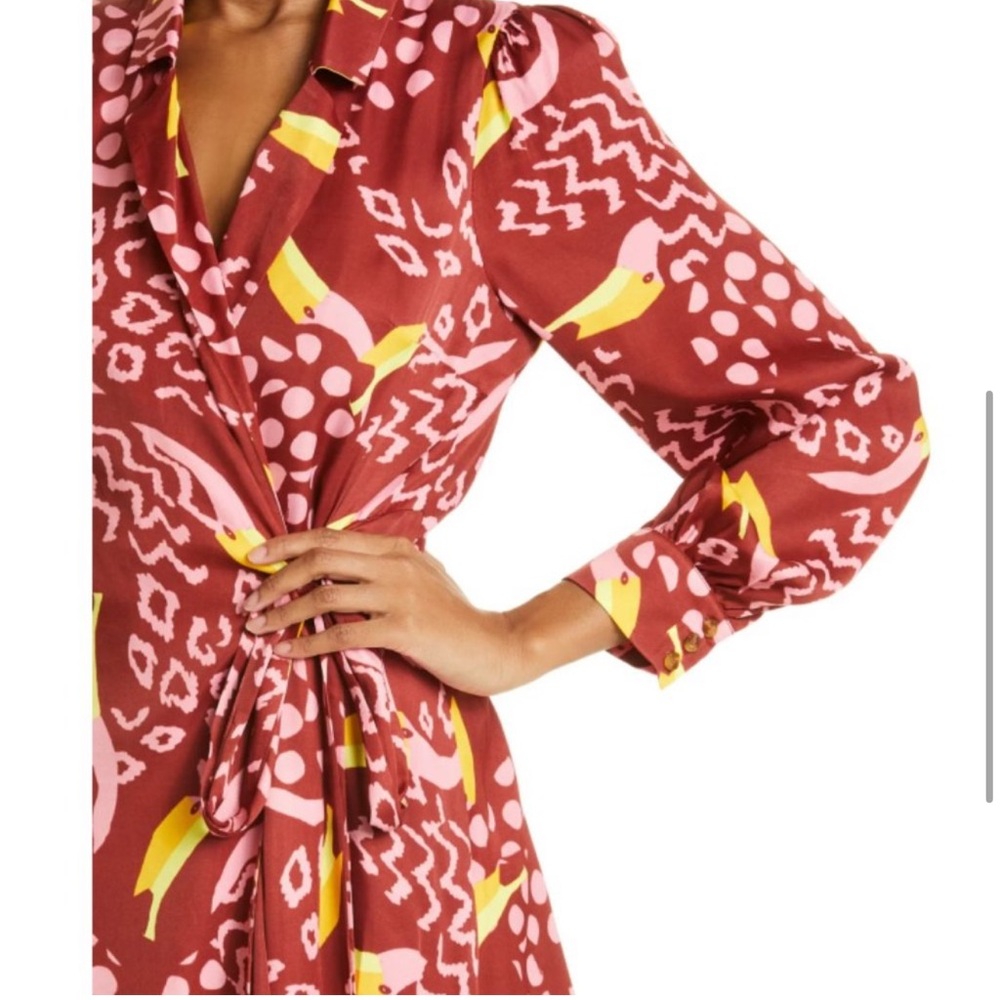 Farm Rio Toucanissimo Mini Dress NWT XS Burgundy Puff Sleeve Boho Style - Picture 3 of 10